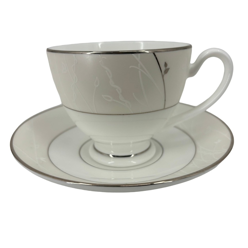 Waterford Lisette Cup and Saucer Set White Platinum Trim Floral Fine China